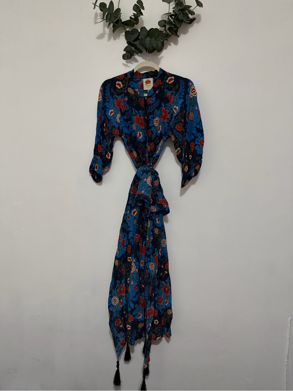 Farm Rio Blue Arabesque Floral Midi Dress with Belt - Picture 4 of 5